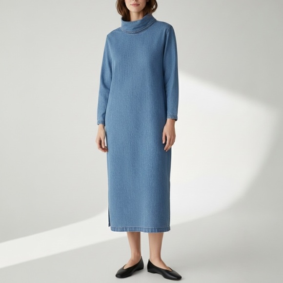 Vintage 90s Long Sleeve Turtleneck Denim Maxi Dress Size Small Coldwater Creek - Picture 10 of 10